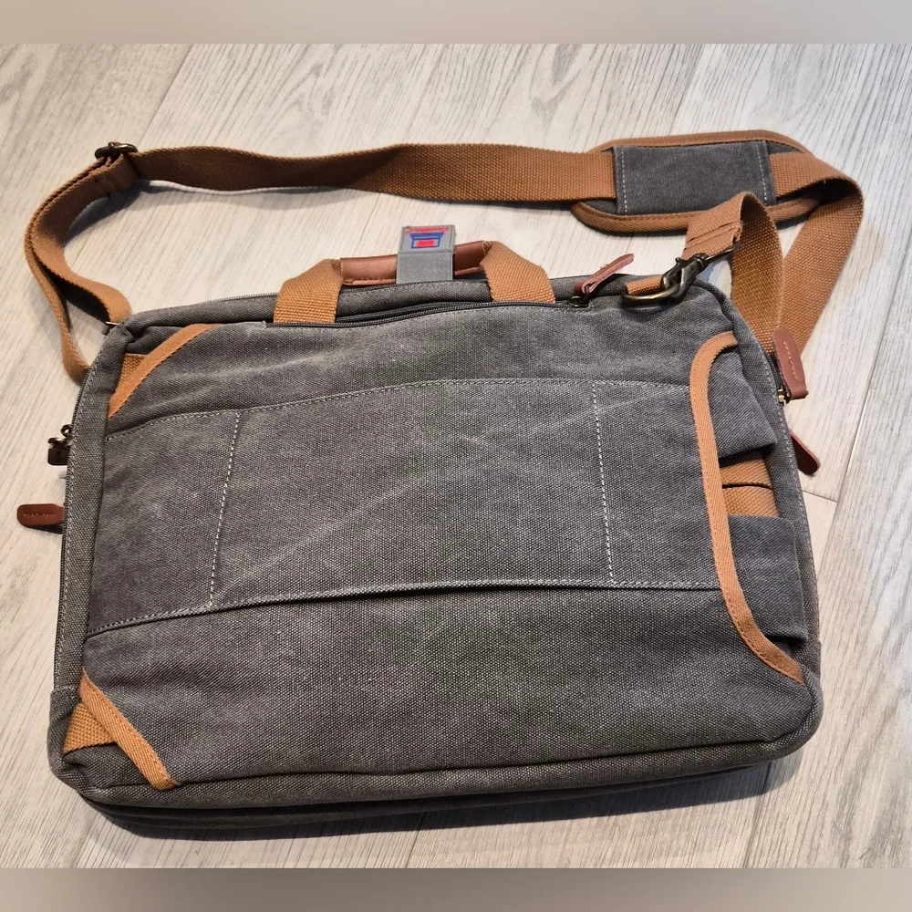 Gray Canvas Messenger Bag And Backpack with Tan Accents - Estarer